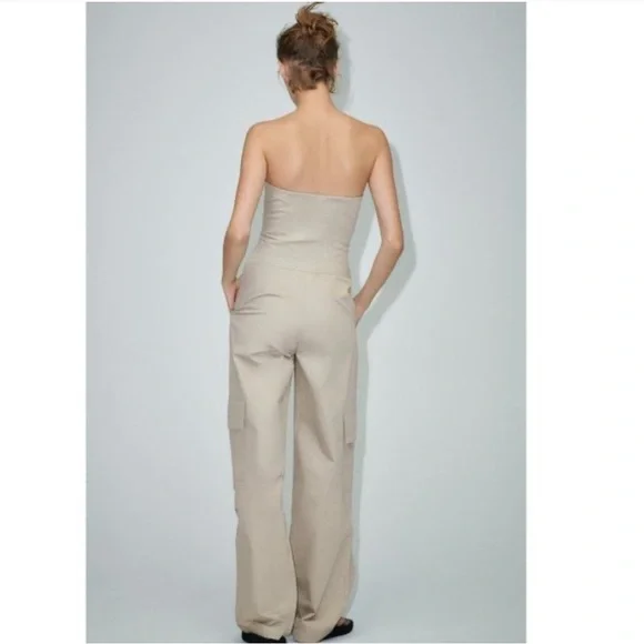 Zara NWT beige cargo long strapless jumpsuit - Picture 4 of 7